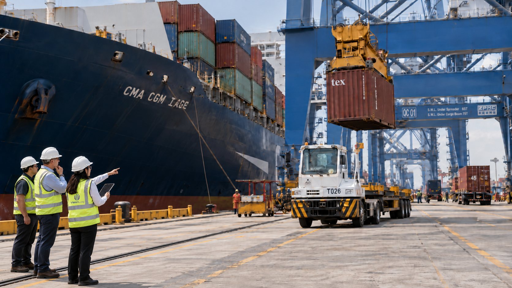 Agenciamento de carga internacional: navio porta-contêineres em operação no terminal, com a equipe da Vision Log acompanhando a operação no cais