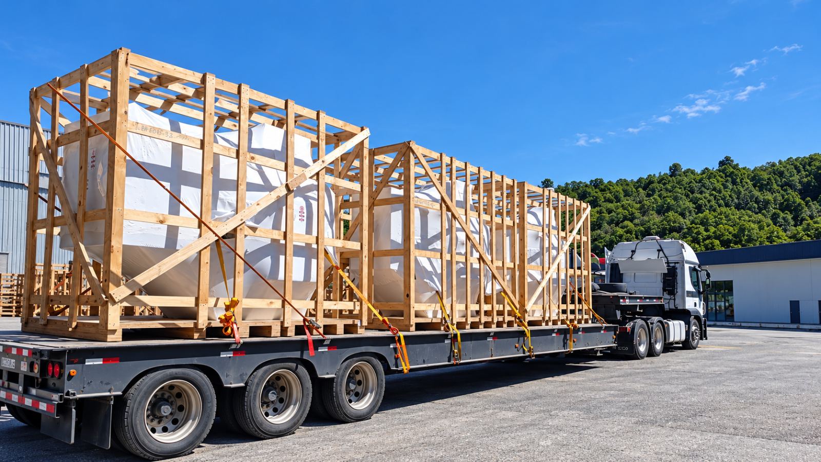 Cargas de projeto e OOG: equipamentos industriais em engradados de madeira amarrados sobre carreta prancha para transporte rodoviário