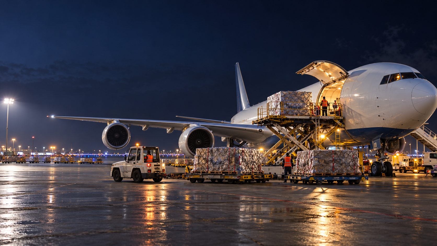 Frete aéreo internacional: aeronave cargueira à noite com a porta de carga aberta, paletes sendo elevados por plataforma e equipe com colete de alta visibilidade no pátio