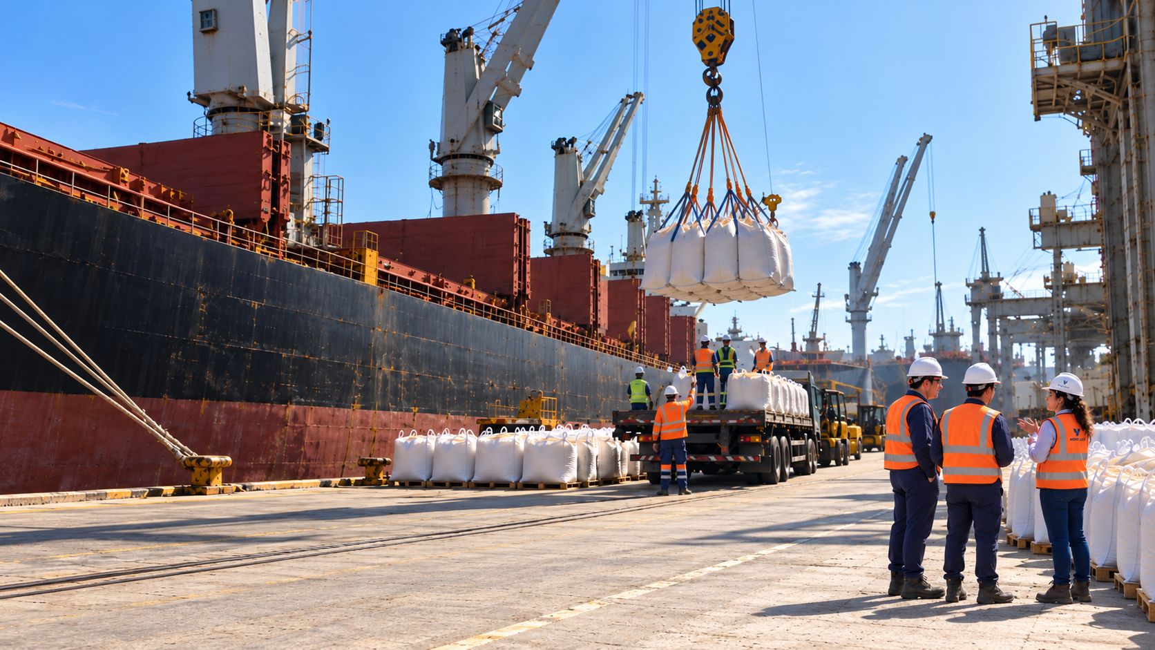Operação de carga geral em porto: big bags içados do navio para caminhão, com a equipe de operação acompanhando no cais