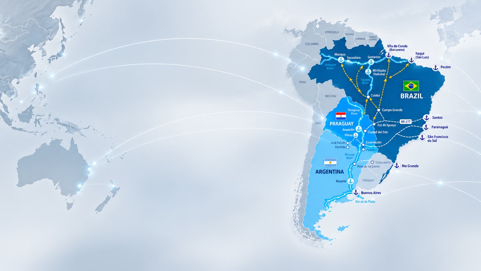 Mapa da América do Sul com os principais portos e corredores logísticos do Brasil, Paraguai e Argentina e rotas internacionais para a Ásia e a Oceania