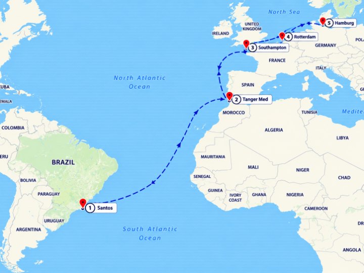 Mapa de rota na plataforma da Vision Log: embarque marítimo de Santos a Hamburgo, com escalas em Tanger Med, Southampton e Roterdã